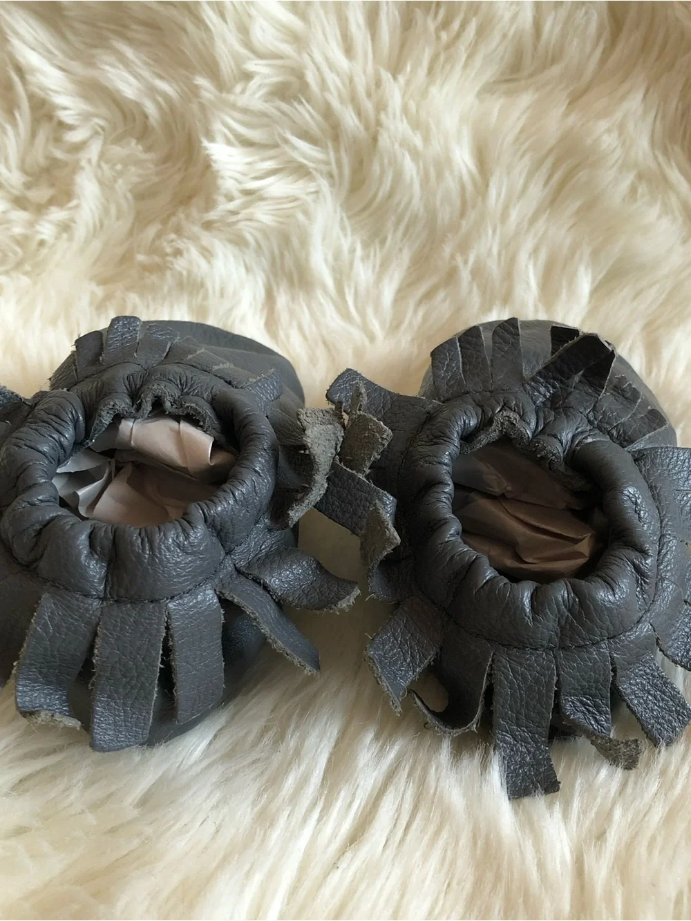 Lucky Love Gray Leather Soft Sole Baby Moccasins Fringe Crib Shoes | 3-6 months